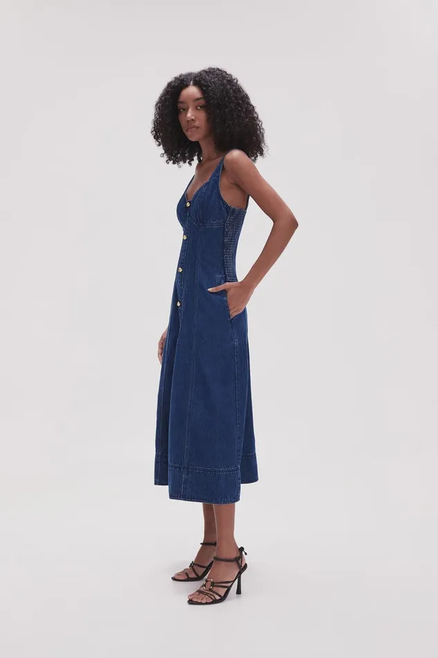 Women May Denim Midi Dress Dark Indigo Aje Denim