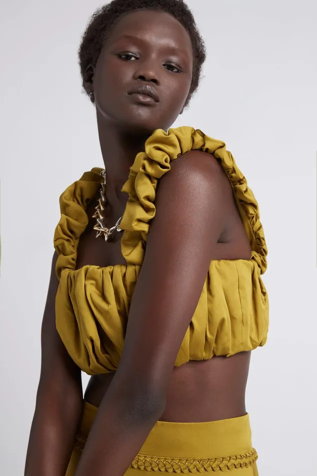 Women Medina Ruched Cropped Top Olive Green Aje Tops