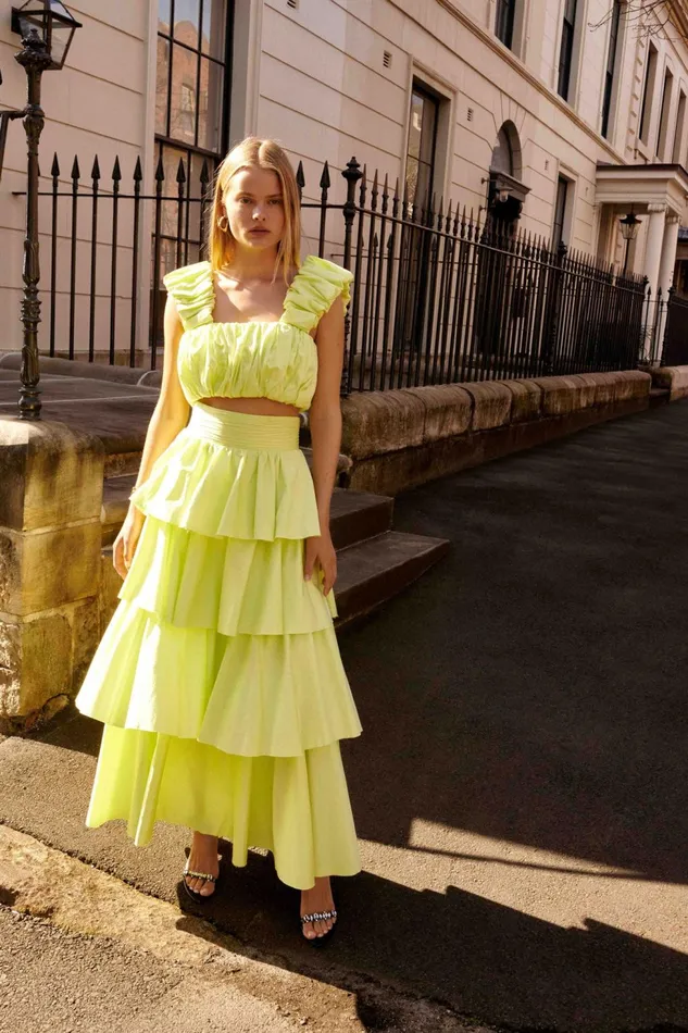 Women Medina Tiered Midi Skirt Light Lemon Aje Skirts