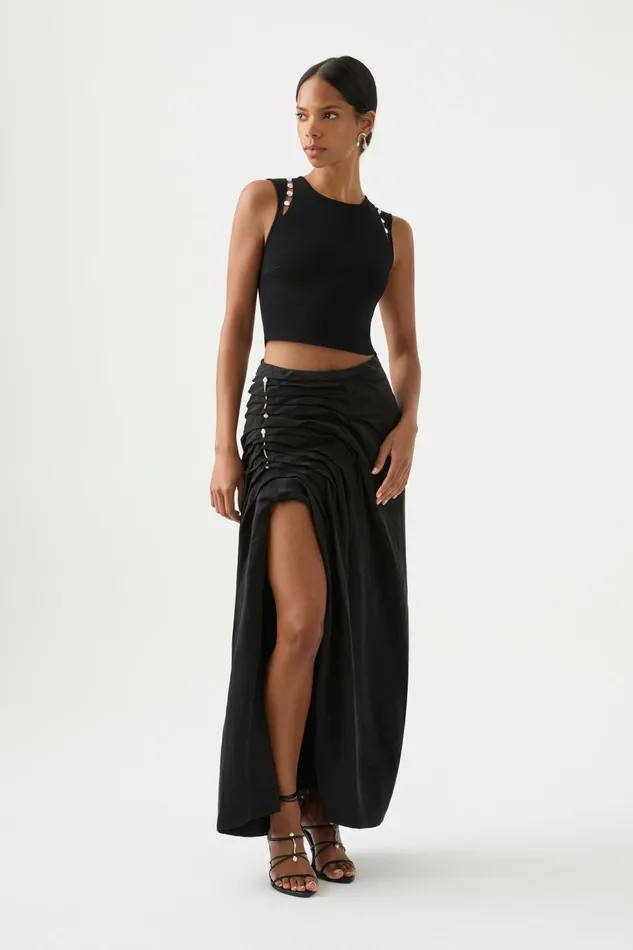 Women Mika Draped Split Midi Skirt Black Aje Skirts