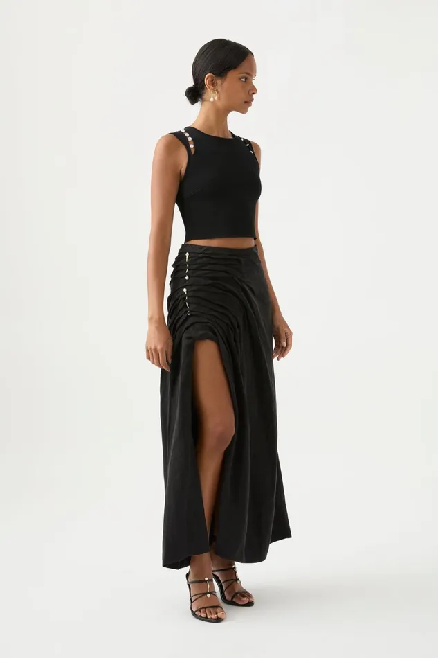 Women Mika Draped Split Midi Skirt Black Aje Skirts