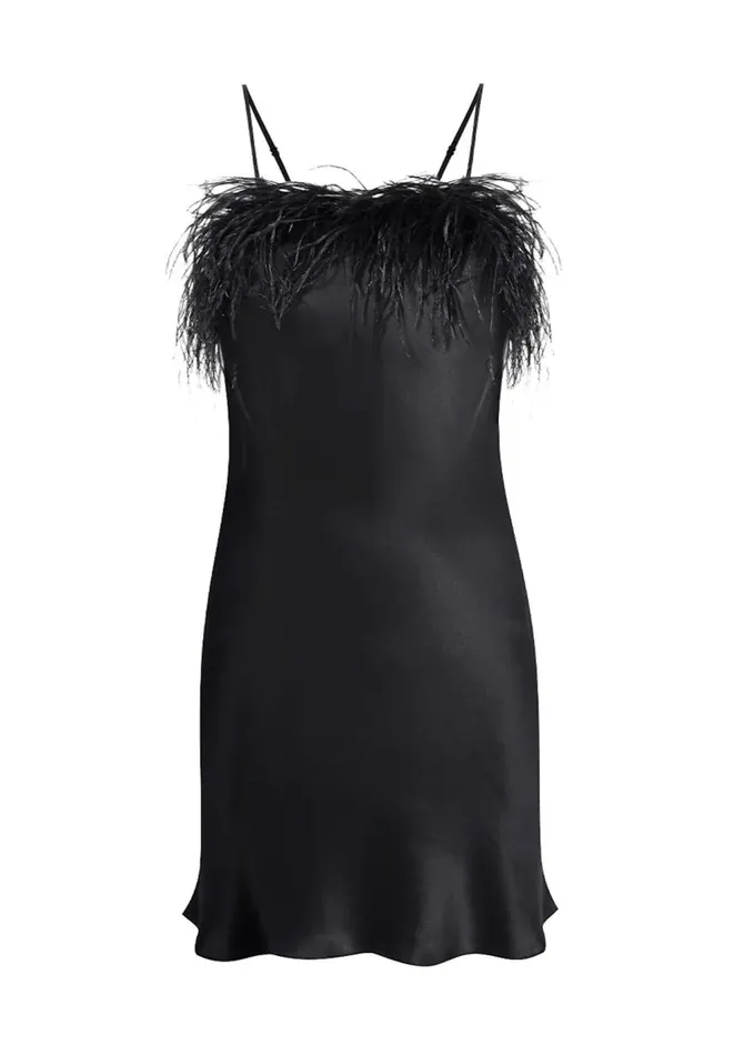 Women Mini Dresses Gilda and Pearl Camille Feather Trim Silk Slip Dress Black
