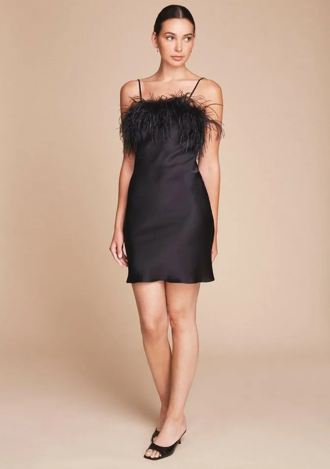 Women Mini Dresses Gilda and Pearl Camille Feather Trim Silk Slip Dress Black Women Mini Dresses Gilda and Pearl Camille Feather Trim Silk Slip Dress Black