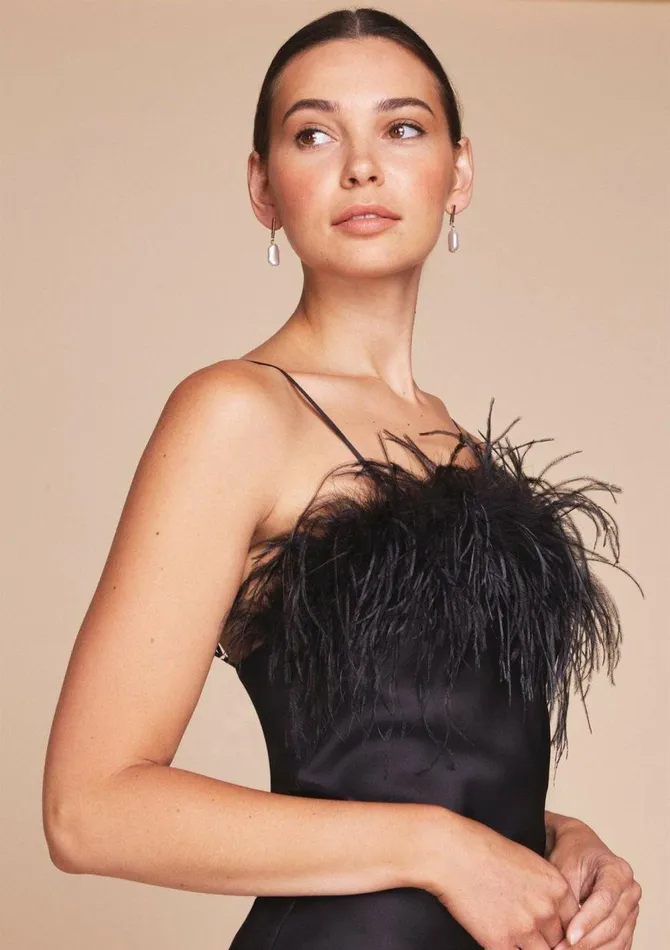 Women Mini Dresses Gilda and Pearl Camille Feather Trim Silk Slip Dress Black Women Mini Dresses Gilda and Pearl Camille Feather Trim Silk Slip Dress Black