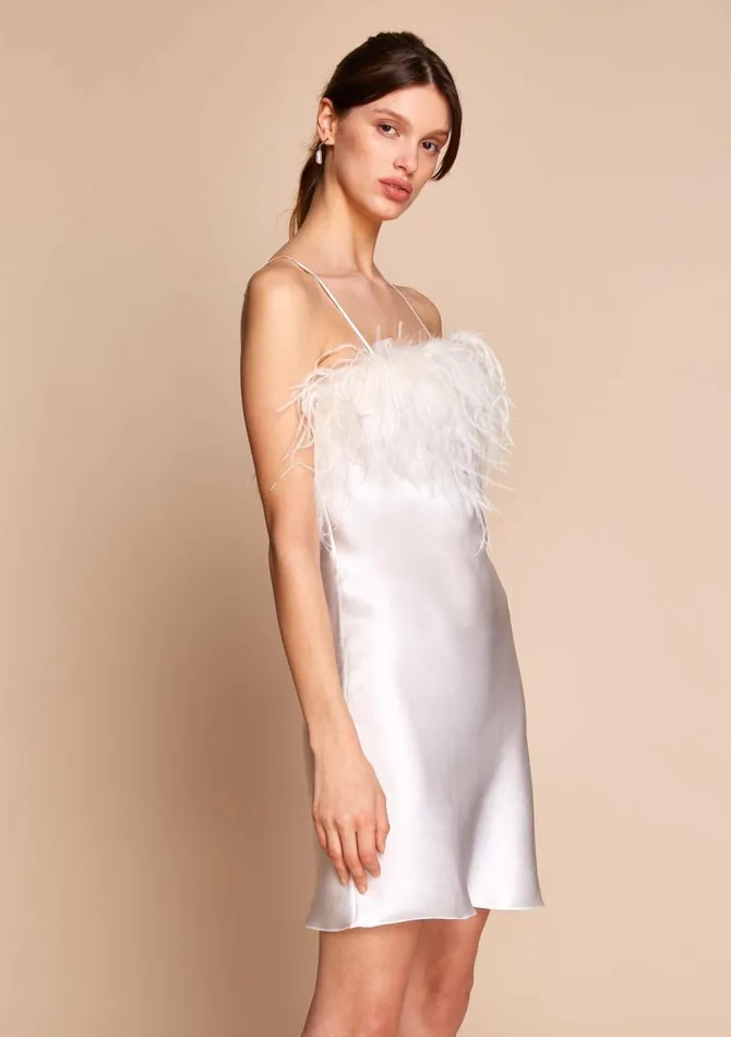 Women Mini Dresses Gilda and Pearl Camille Feather Trim Silk Slip Dress Ivory Women Mini Dresses Gilda and Pearl Camille Feather Trim Silk Slip Dress Ivory