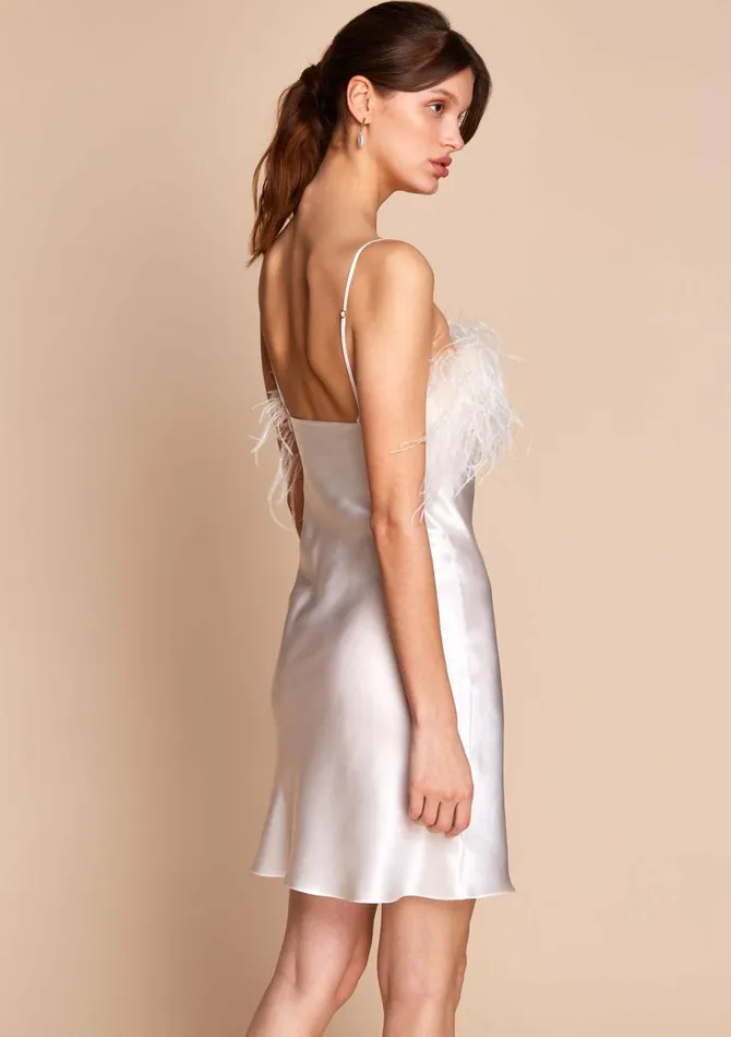 Women Mini Dresses Gilda and Pearl Camille Feather Trim Silk Slip Dress Ivory Women Mini Dresses Gilda and Pearl Camille Feather Trim Silk Slip Dress Ivory