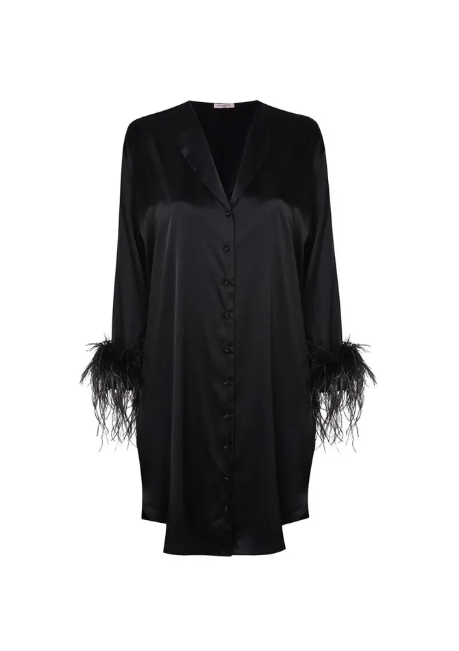 Women Mini Dresses Gilda and Pearl Camille Silk And Feather Shirt Dress Black Women Mini Dresses Gilda and Pearl Camille Silk And Feather Shirt Dress Black