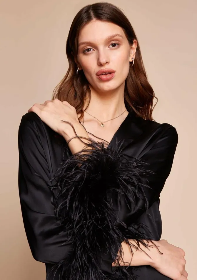 Women Mini Dresses Gilda and Pearl Camille Silk And Feather Shirt Dress Black Women Mini Dresses Gilda and Pearl Camille Silk And Feather Shirt Dress Black
