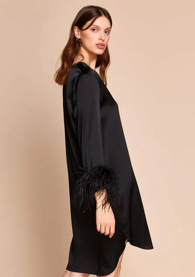 Women Mini Dresses Gilda and Pearl Camille Silk And Feather Shirt Dress Black Women Mini Dresses Gilda and Pearl Camille Silk And Feather Shirt Dress Black