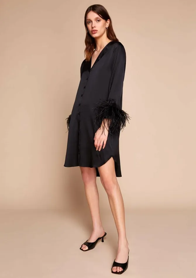 Women Mini Dresses Gilda and Pearl Camille Silk And Feather Shirt Dress Black Women Mini Dresses Gilda and Pearl Camille Silk And Feather Shirt Dress Black
