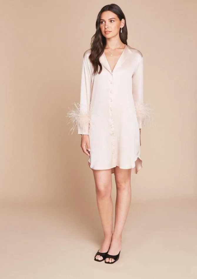 Women Mini Dresses Gilda and Pearl Camille Silk And Feather Shirt Dress Oyster Women Mini Dresses Gilda and Pearl Camille Silk And Feather Shirt Dress Oyster