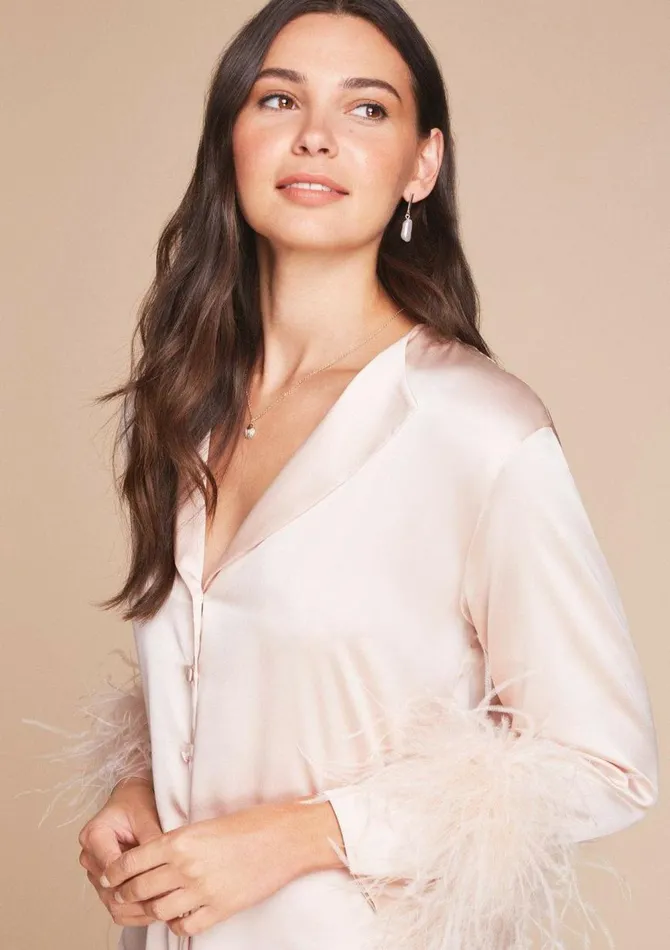 Women Mini Dresses Gilda and Pearl Camille Silk And Feather Shirt Dress Oyster Women Mini Dresses Gilda and Pearl Camille Silk And Feather Shirt Dress Oyster