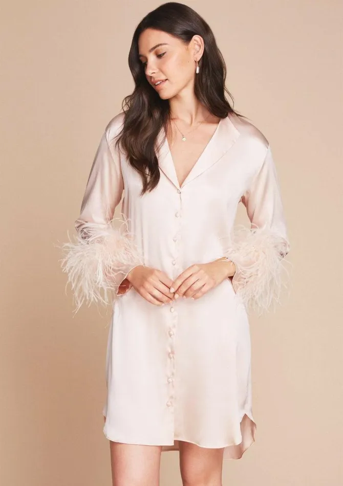 Women Mini Dresses Gilda and Pearl Camille Silk And Feather Shirt Dress Oyster Women Mini Dresses Gilda and Pearl Camille Silk And Feather Shirt Dress Oyster