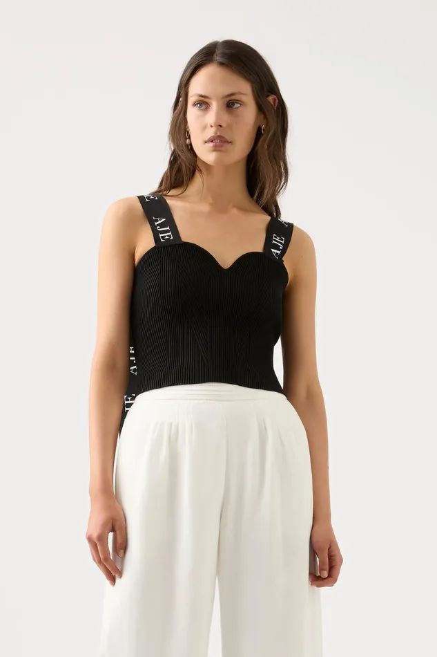 Women Mira Logo Strap Knit Bustier Black Aje Body and Crepe Knit