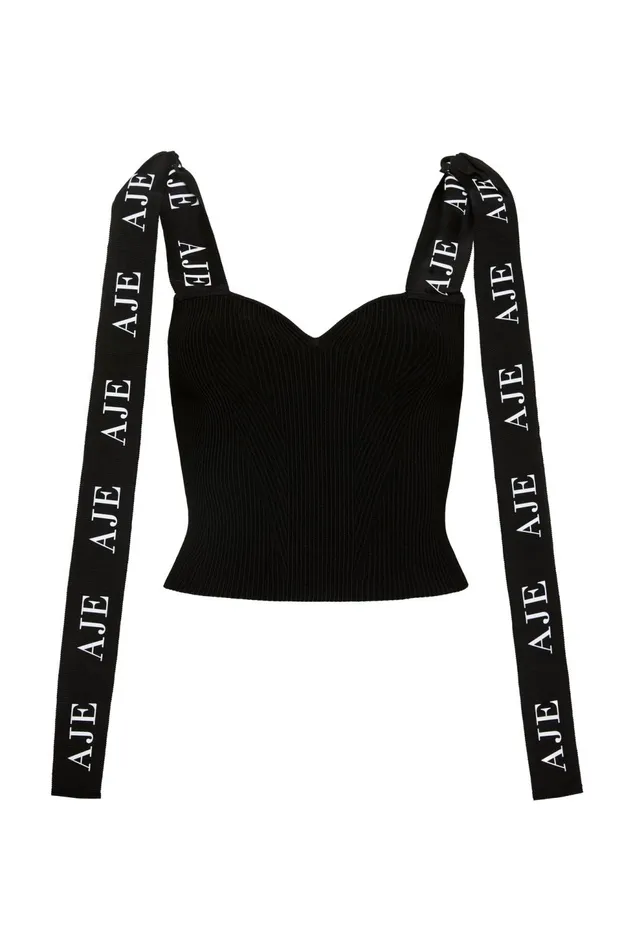 Women Mira Logo Strap Knit Bustier Black Aje Body and Crepe Knit