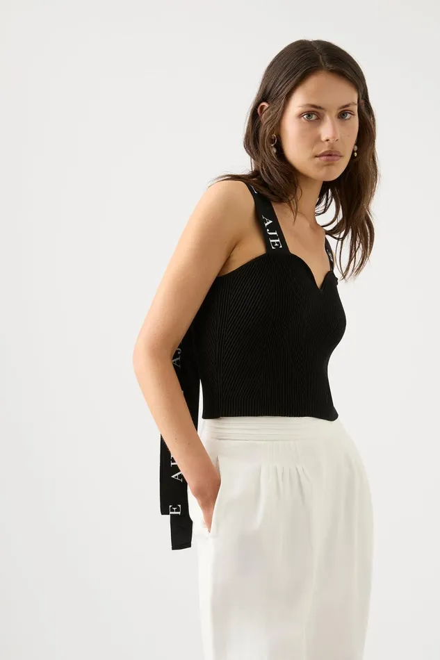 Women Mira Logo Strap Knit Bustier Black Aje Body and Crepe Knit