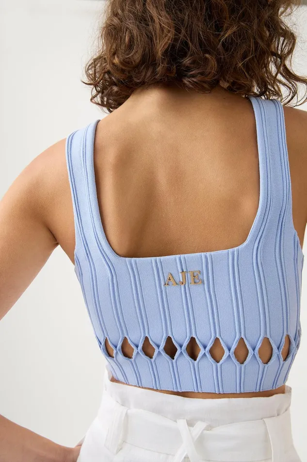 Women Ney Diamond Cut Out Crop Top Sky Blue Aje Body and Crepe Knit