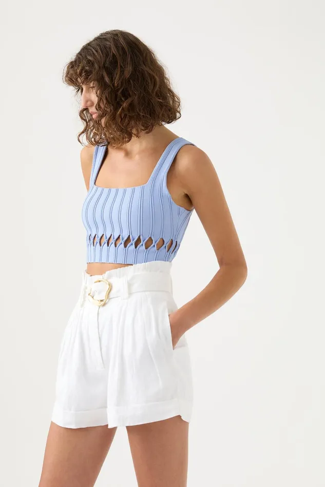 Women Ney Diamond Cut Out Crop Top Sky Blue Aje Body and Crepe Knit