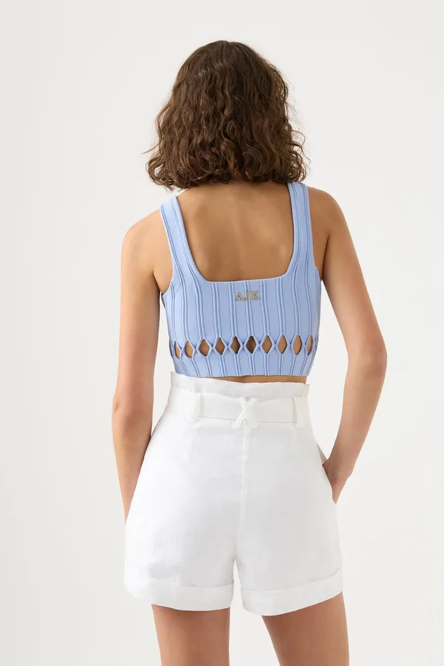 Women Ney Diamond Cut Out Crop Top Sky Blue Aje Body and Crepe Knit