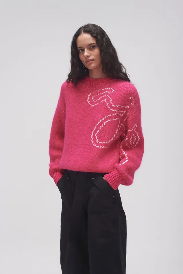 Women Nora Logo Jacquard Jumper Hot Pink Coconut Cream Aje Knitwear and Jumpers