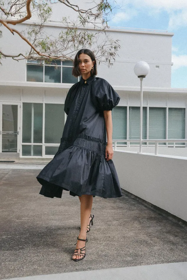 Women Novella Midi Smock Dress Black Aje Dresses