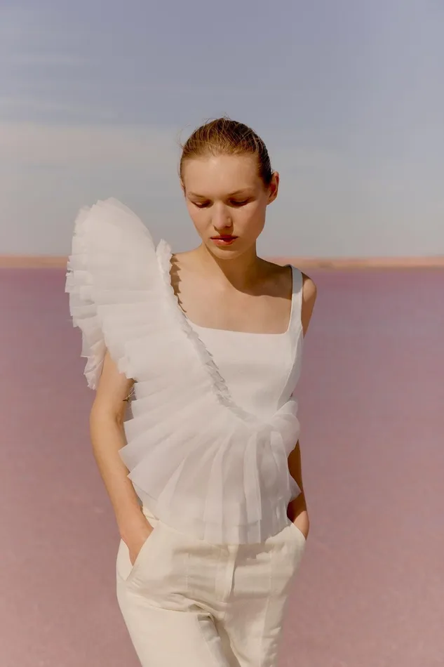 Women Orbit Sculptural Pleated Top Ivory Aje Tops