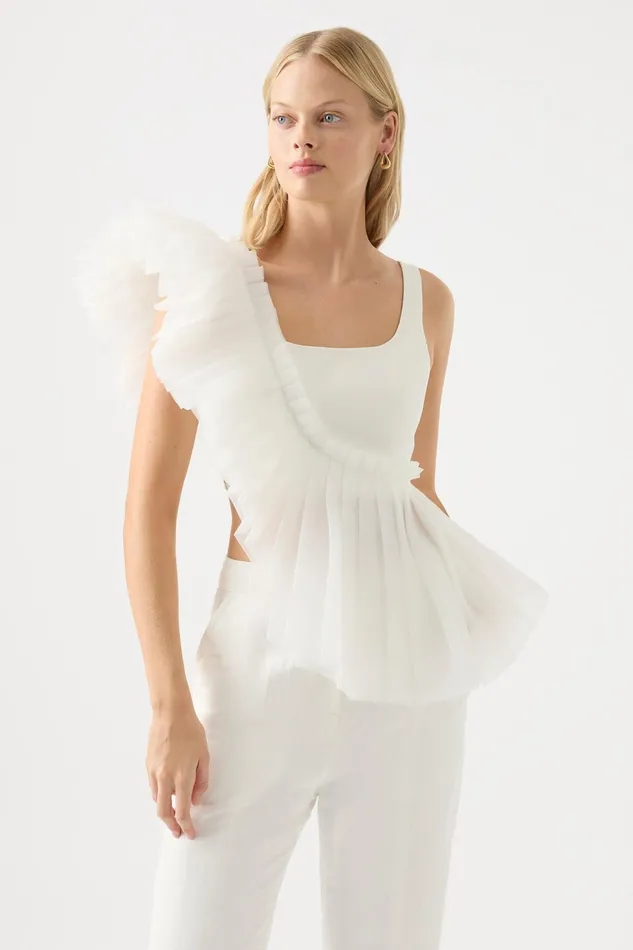 Women Orbit Sculptural Pleated Top Ivory Aje Tops