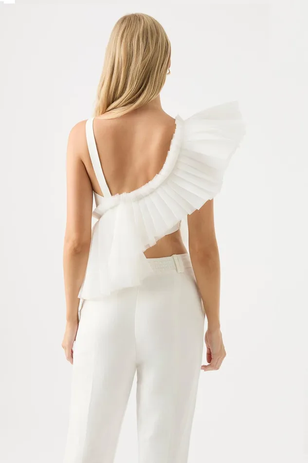 Women Orbit Sculptural Pleated Top Ivory Aje Tops