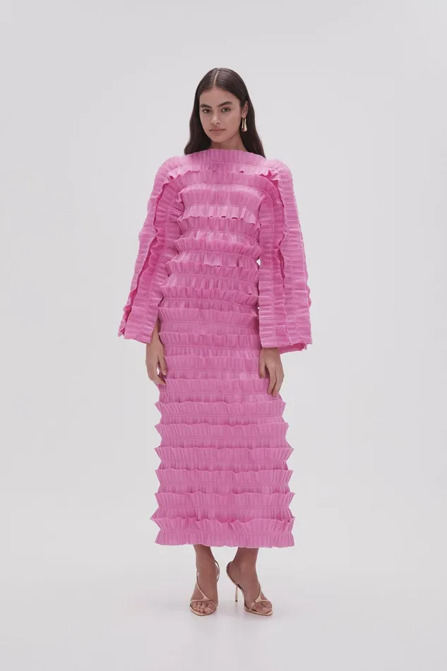 Women Palladium Ruffled Midi Dress Muted Fuchsia Aje Dresses