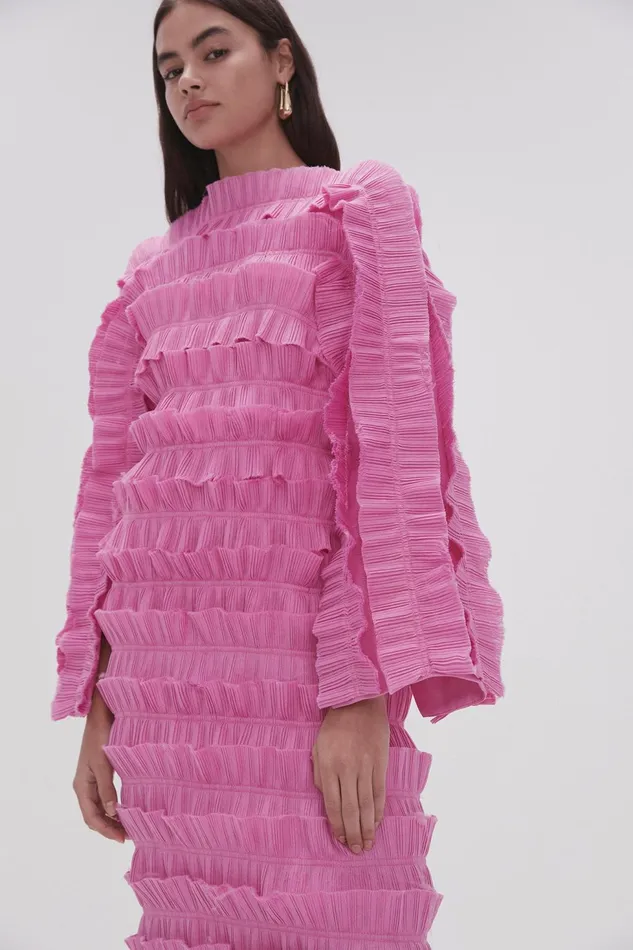 Women Palladium Ruffled Midi Dress Muted Fuchsia Aje Dresses