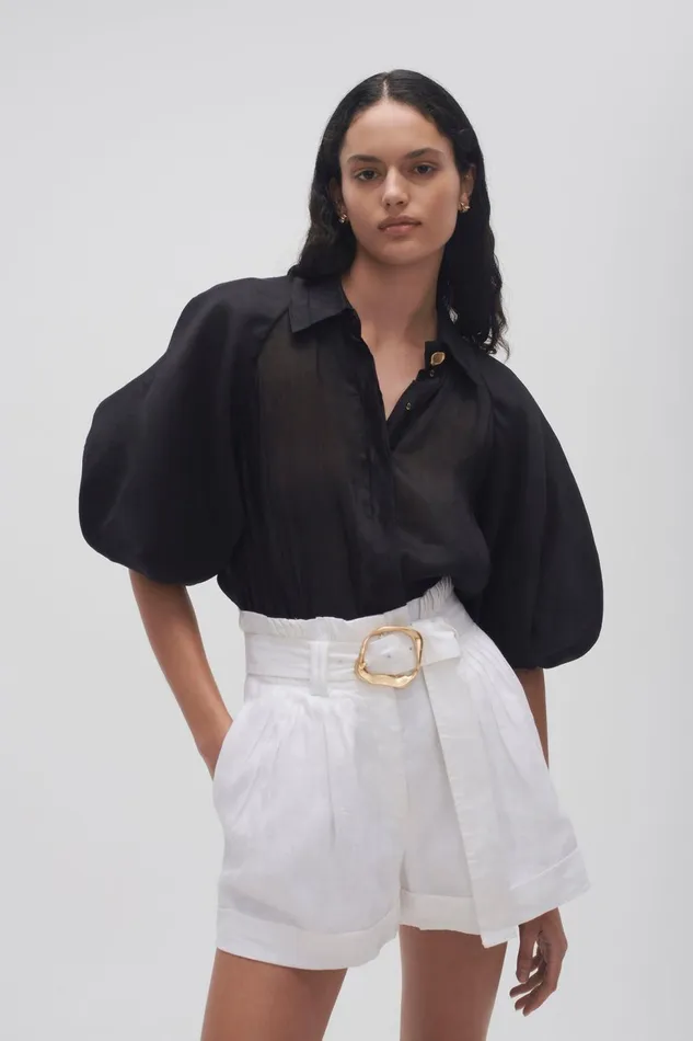 Women Palms Puff Sleeve Shirt Black Aje Tops