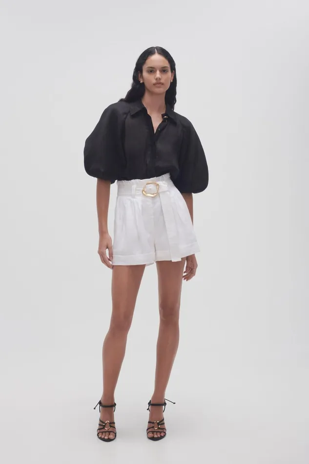 Women Palms Puff Sleeve Shirt Black Aje Tops