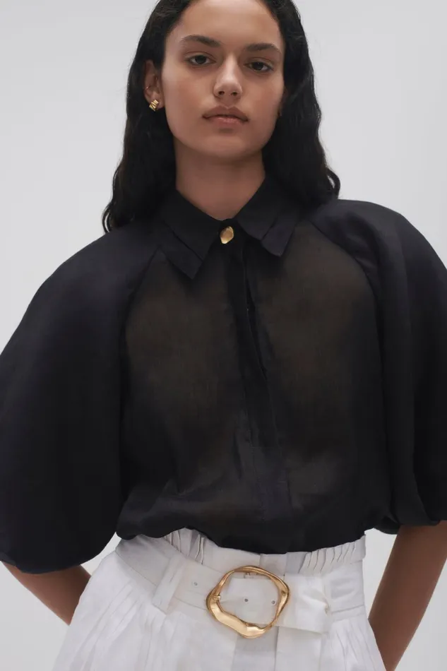 Women Palms Puff Sleeve Shirt Black Aje Tops