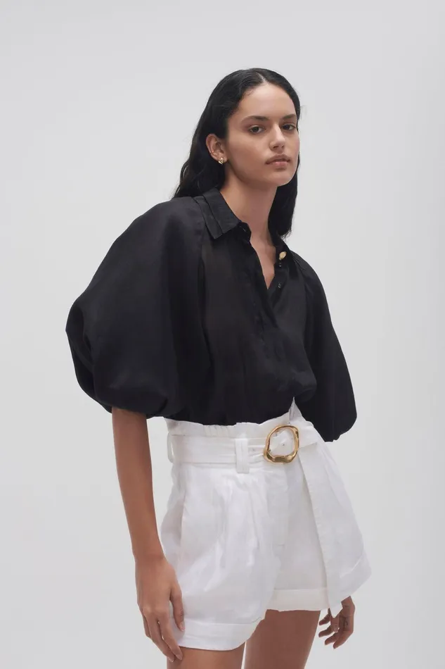 Women Palms Puff Sleeve Shirt Black Aje Tops