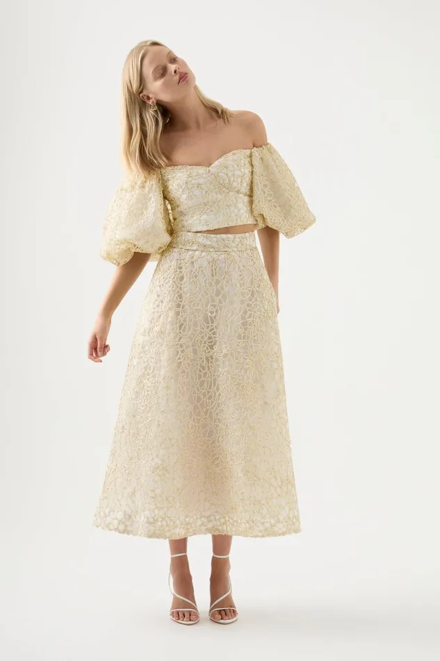 Women Patina Lace Midi Skirt Ivory Aje Skirts