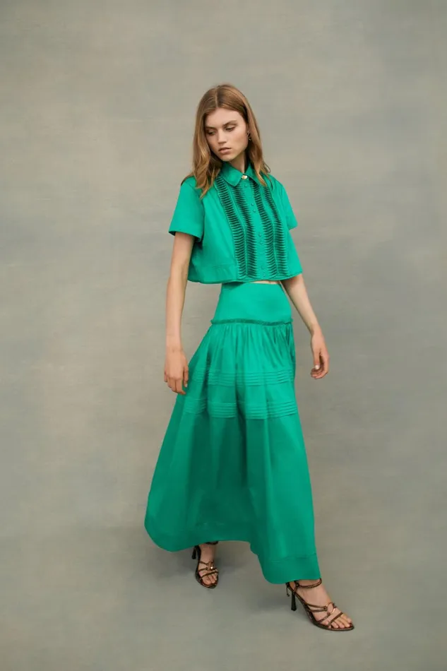 Women Poised Pleated Midi Skirt Emerald Green Aje Skirts