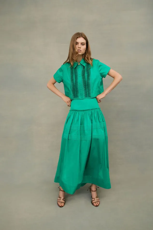 Women Poised Pleated Midi Skirt Emerald Green Aje Skirts