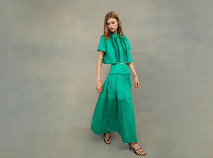 Women Poised Pleated Midi Skirt Emerald Green Aje Skirts