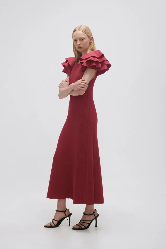 Women Questa Puff Midi Dress Mahogany Red Aje Body and Crepe Knit