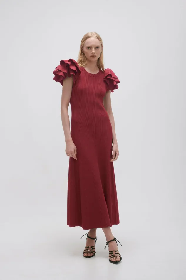 Women Questa Puff Midi Dress Mahogany Red Aje Dresses