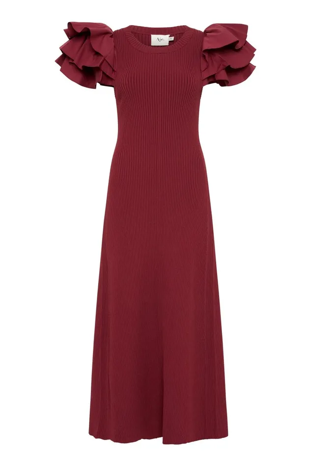 Women Questa Puff Midi Dress Mahogany Red Aje Dresses