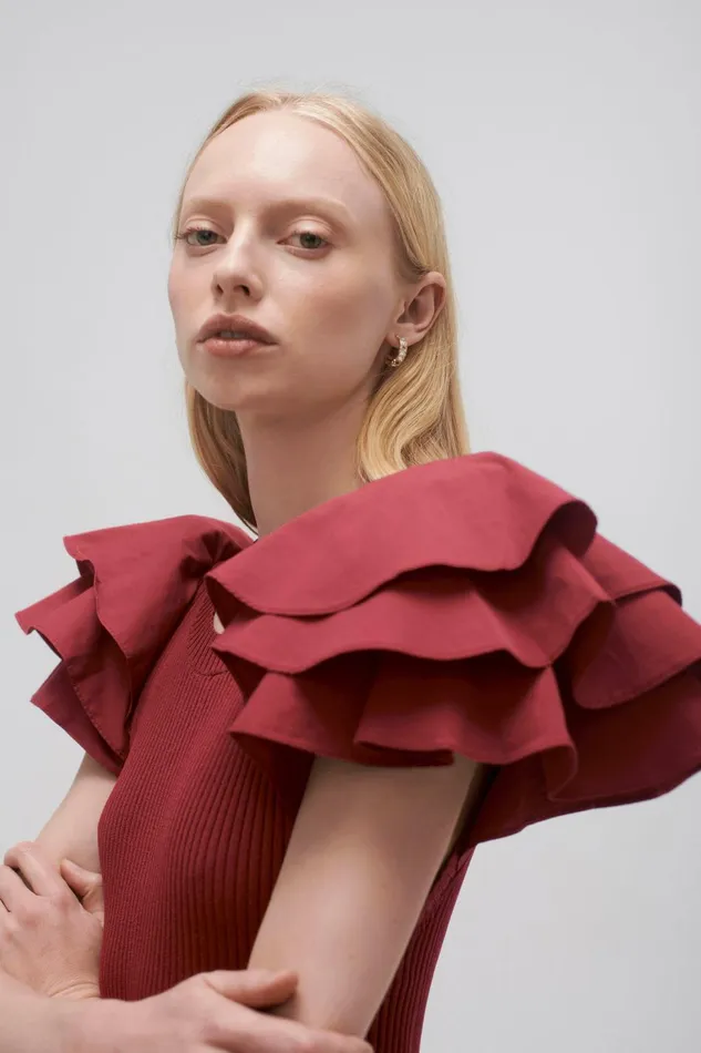 Women Questa Puff Midi Dress Mahogany Red Aje Dresses