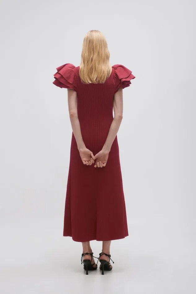 Women Questa Puff Midi Dress Mahogany Red Aje Dresses