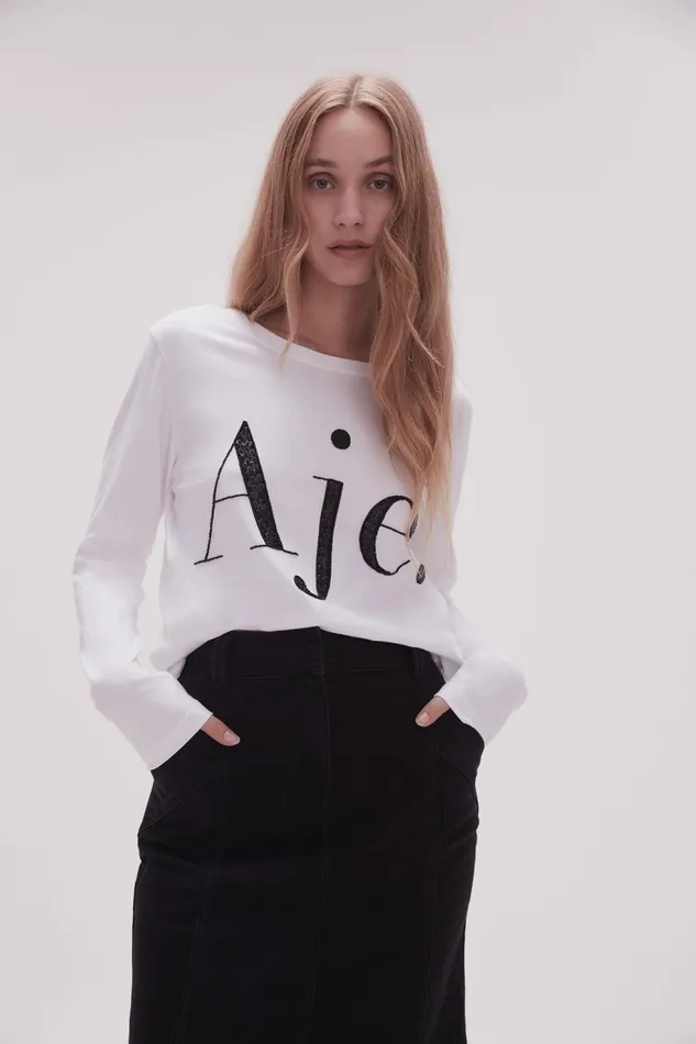 Women Remi Long Sleeve Logo Tee Whiteblack Logo Aje Tees