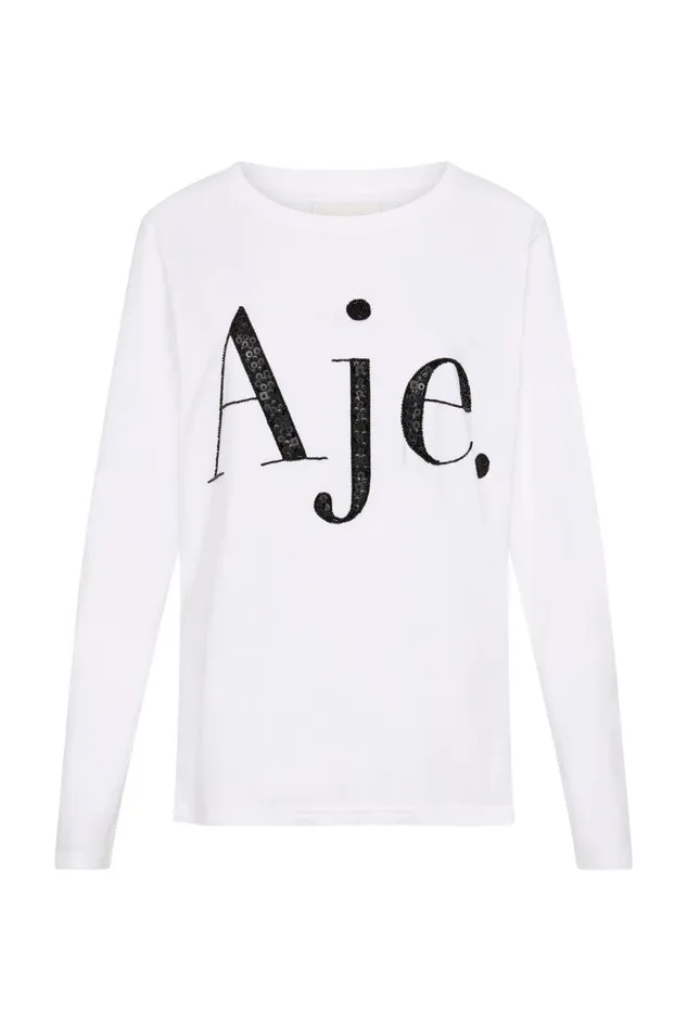 Women Remi Long Sleeve Logo Tee Whiteblack Logo Aje Tees