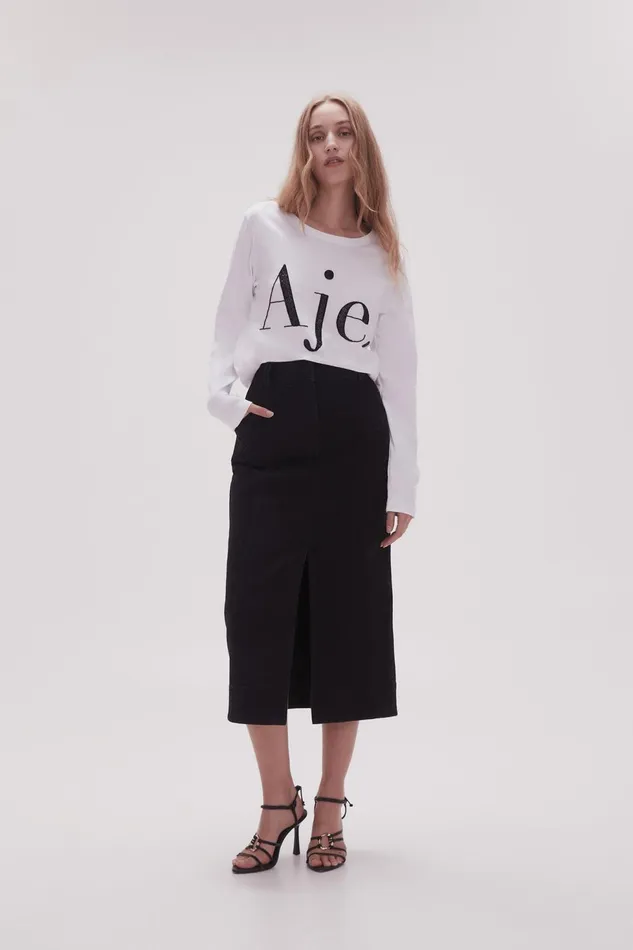 Women Remi Long Sleeve Logo Tee Whiteblack Logo Aje Tees
