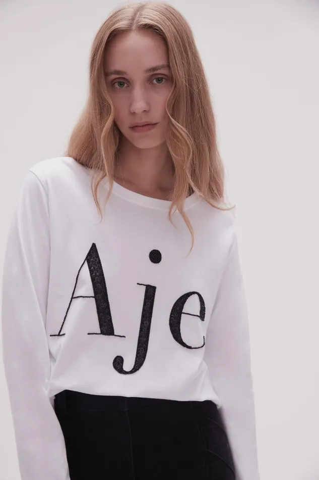 Women Remi Long Sleeve Logo Tee Whiteblack Logo Aje Tees