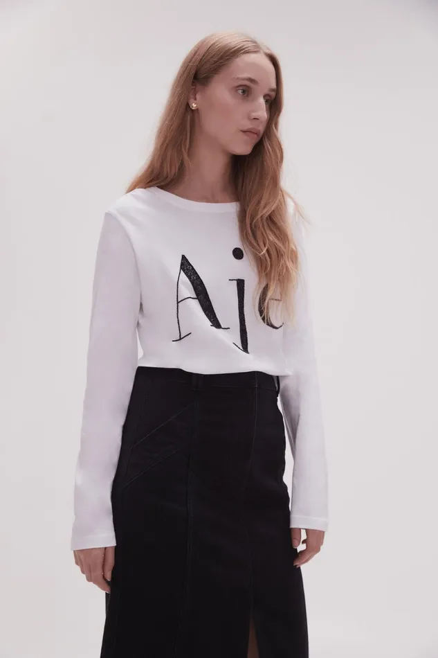 Women Remi Long Sleeve Logo Tee Whiteblack Logo Aje Tees