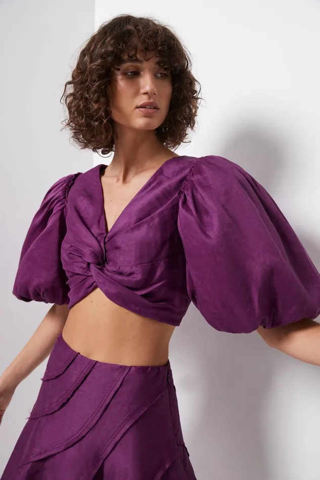 Women Reverb Puff Sleeve Cropped Top Violet Aje Tops