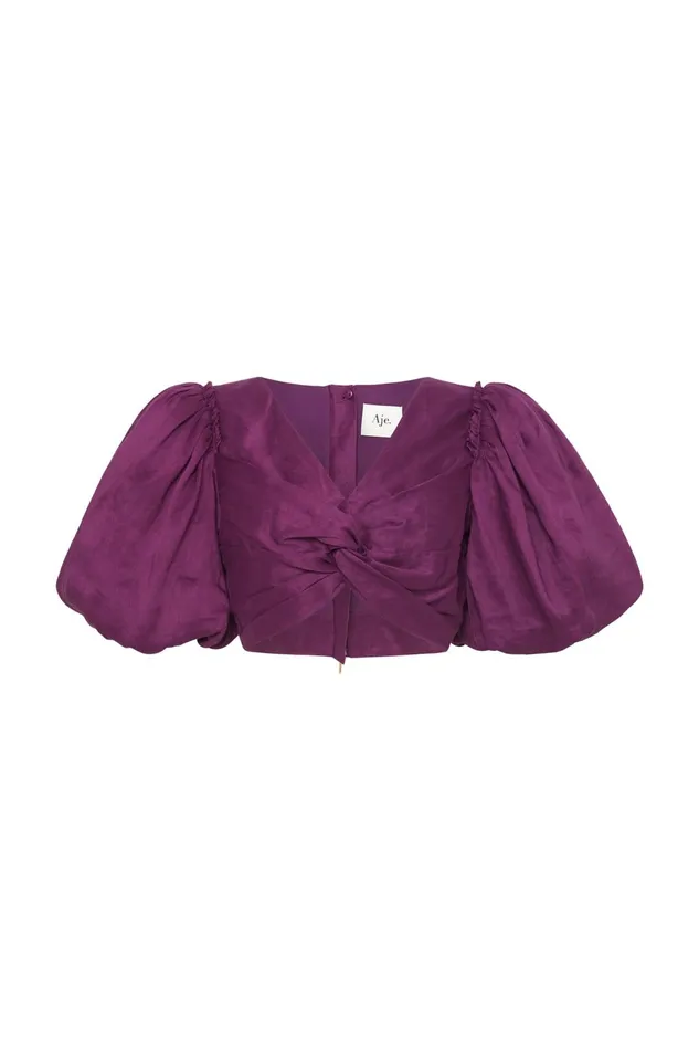 Women Reverb Puff Sleeve Cropped Top Violet Aje Tops